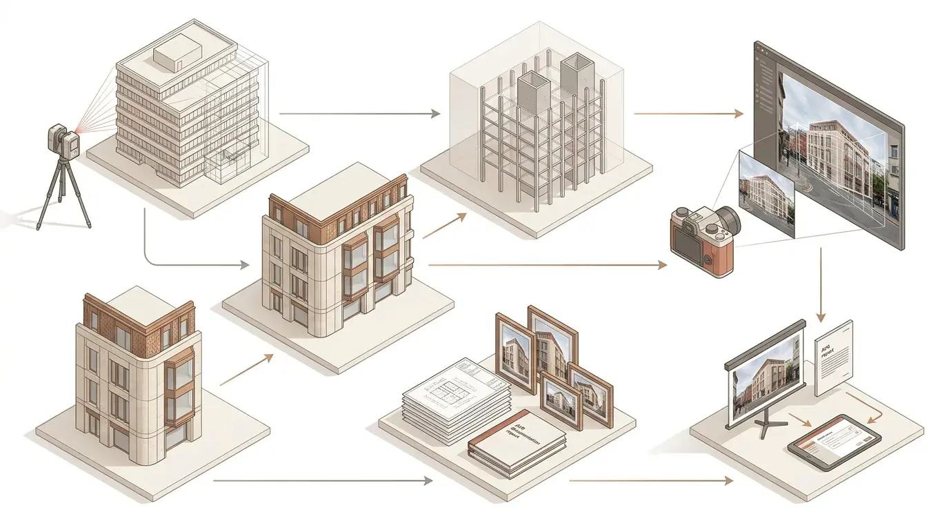 Isometric diagram showing the office retrofit visualisation workflow from survey intake and retained-structure modelling to facade photomontage and planning deliverables.