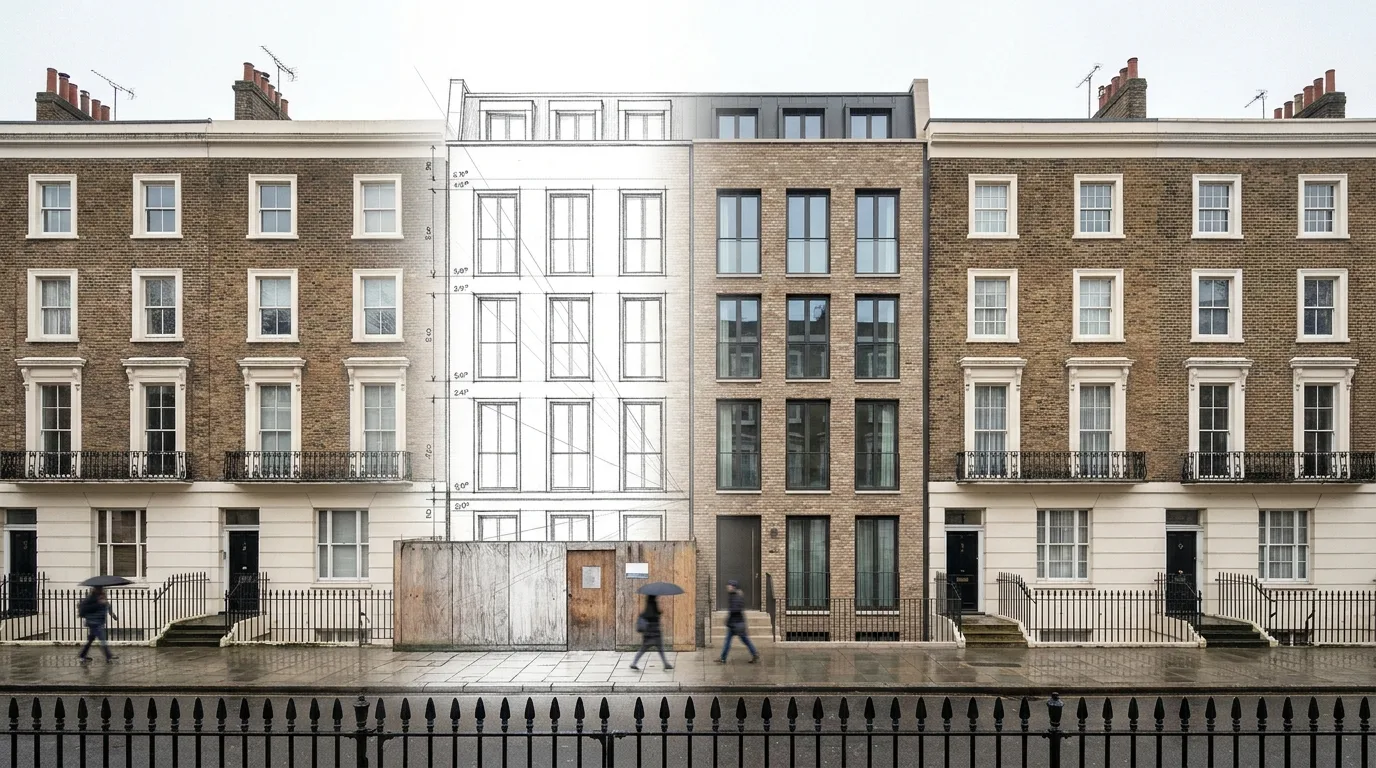 Photomontage build for a London infill site between Georgian terraces: pencil construction lines and massing sketch on the existing gap site resolving into a finished photoreal CGI insertion of the proposed 4-storey building at matched scale and parapet alignment