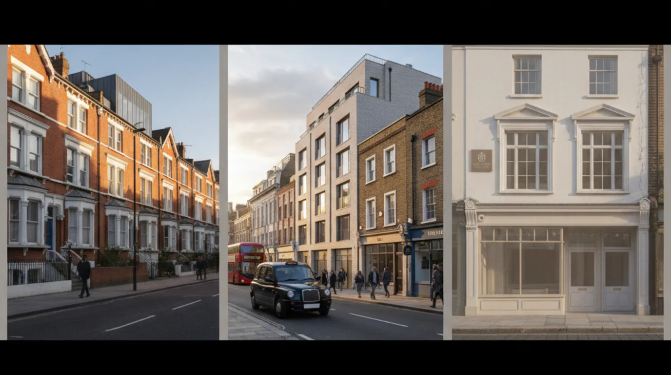 Triptych of three London planning contexts: a Victorian terrace householder extension, a full planning permission infill block, and a conservation-area Georgian shopfront restoration
