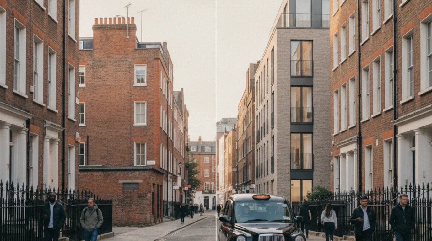 Before-and-after planning photomontage showing an existing inner-London street view alongside the proposed CGI insertion at matched scale, perspective, and lighting