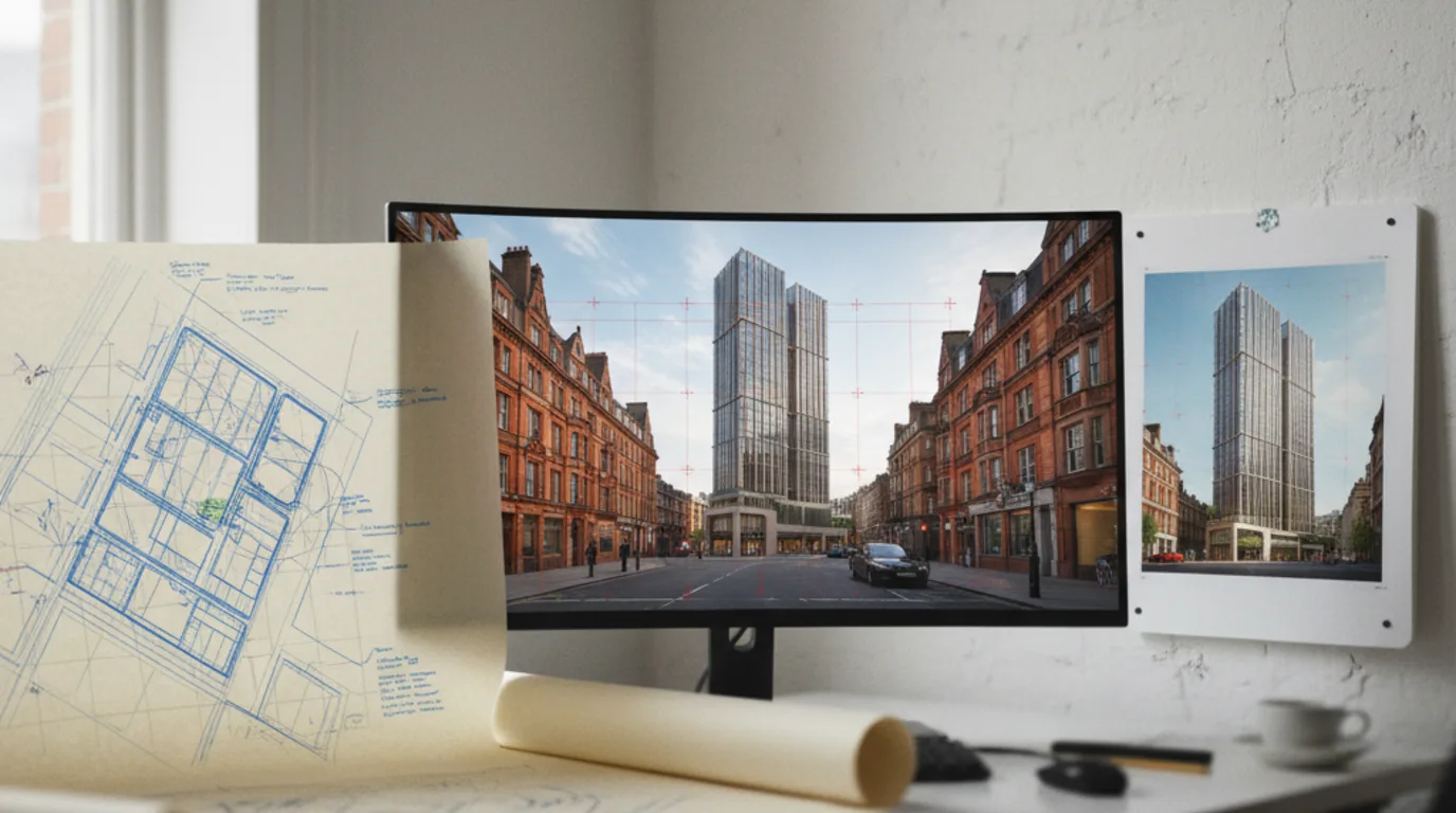 Architectural visualisation studio desk showing a verified-view photomontage on monitor with viewpoint trace plan and A3 committee print proof