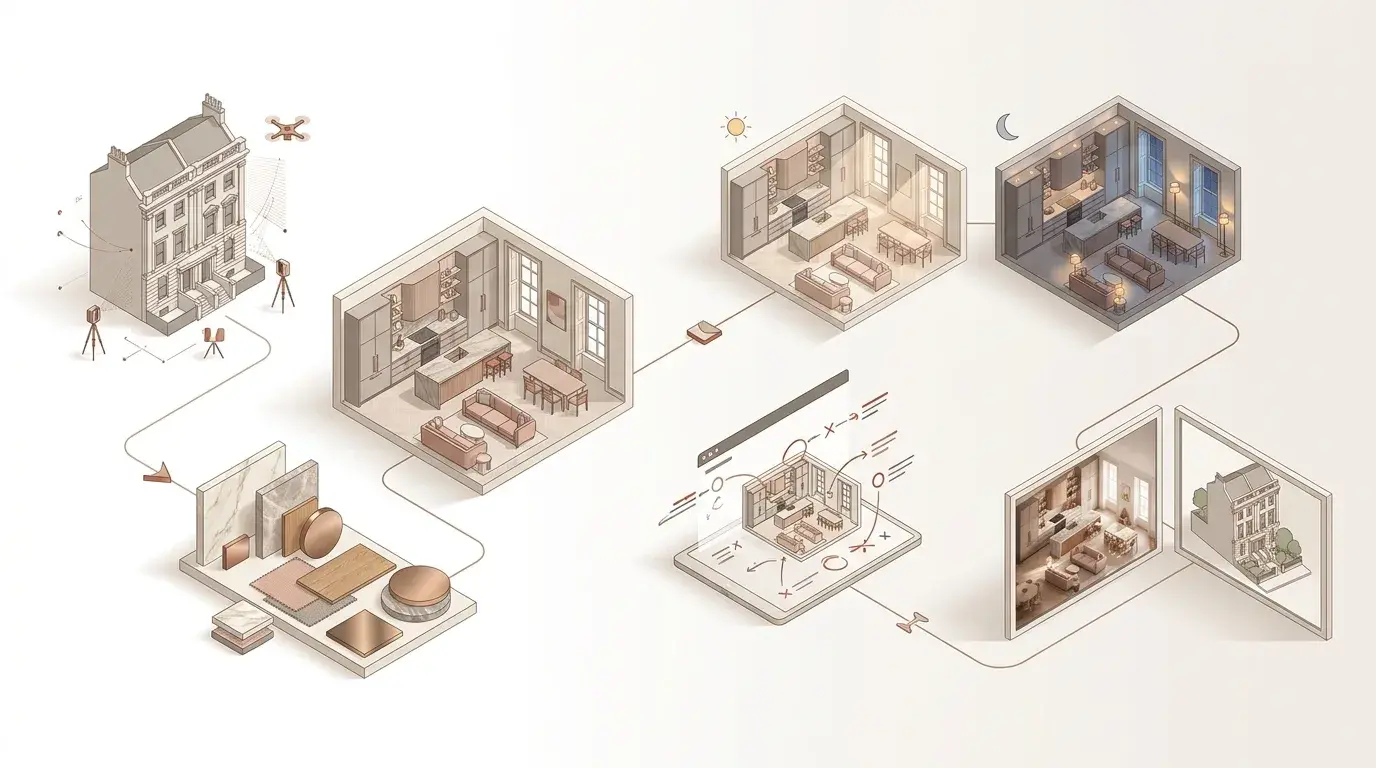 Isometric diagram showing a prime residential visualisation workflow from listed townhouse survey and interior modelling to material studies, lighting review and final visual outputs.