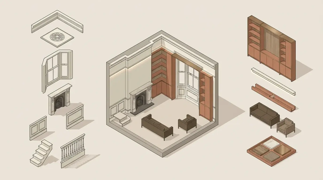 Isometric diagram of a listed townhouse room showing retained cornices, sash windows, chimneypiece, panelling and new prime residential intervention.