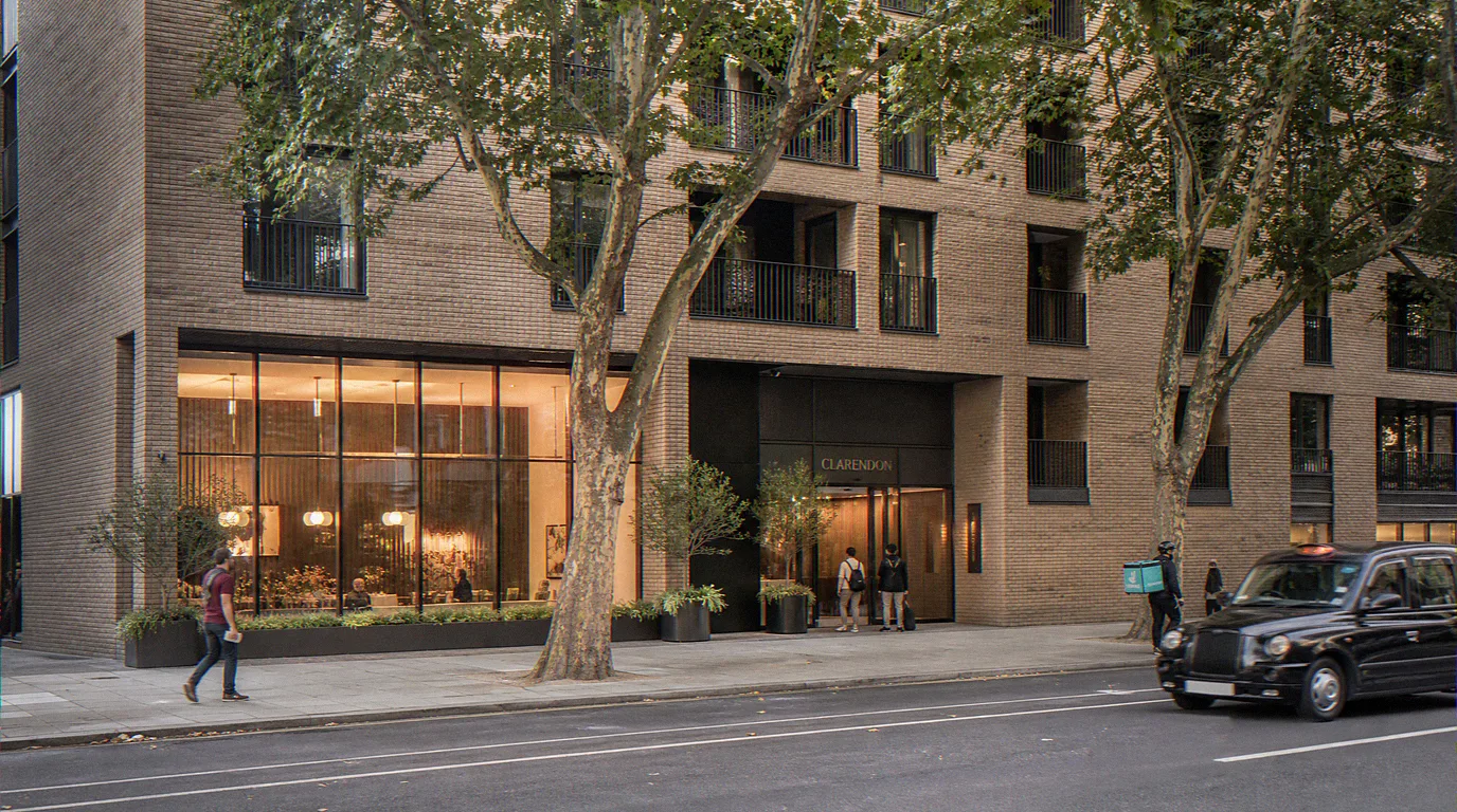 London Build to Rent apartment block CGI with amenity and branded entrance