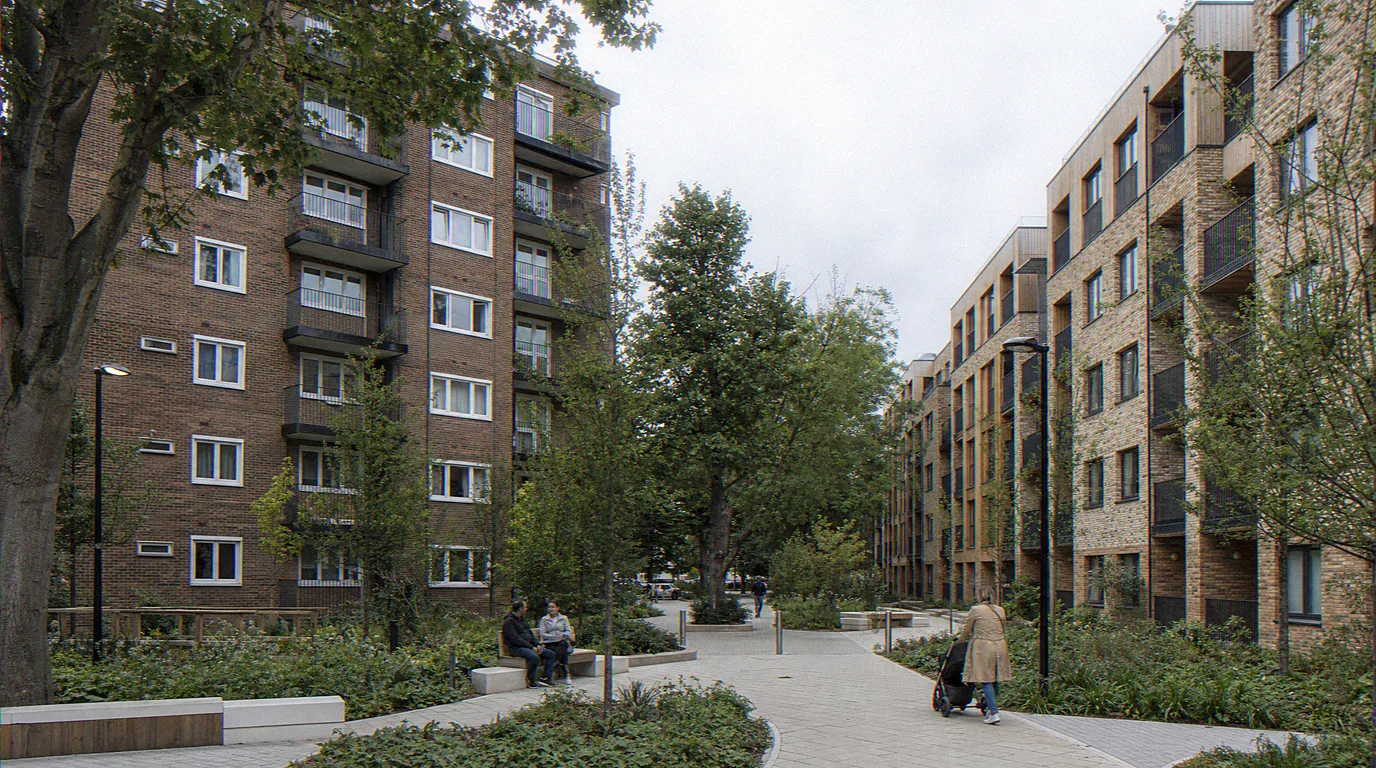 London estate renewal residential CGI with refurbished block and new infill
