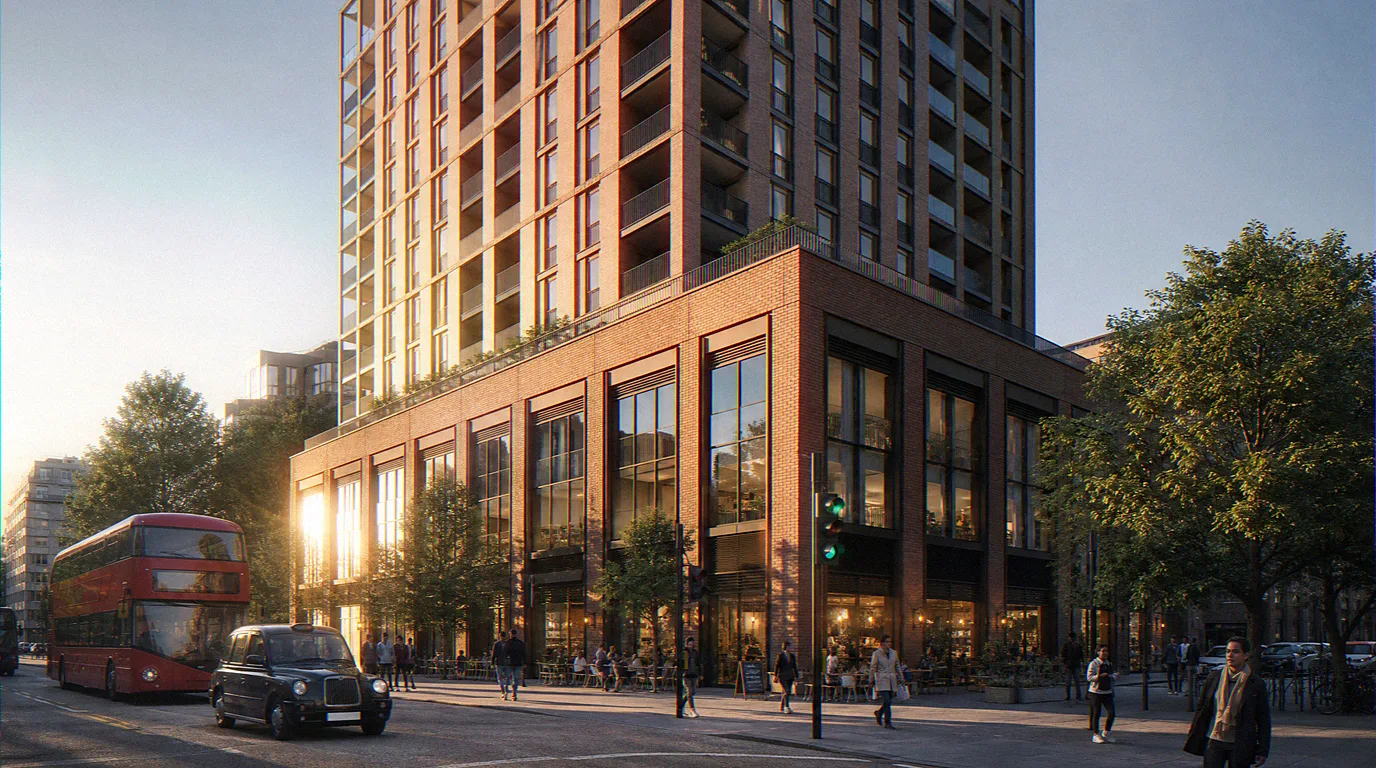 London mixed-use residential CGI with active ground floor for an off-plan apartment launch