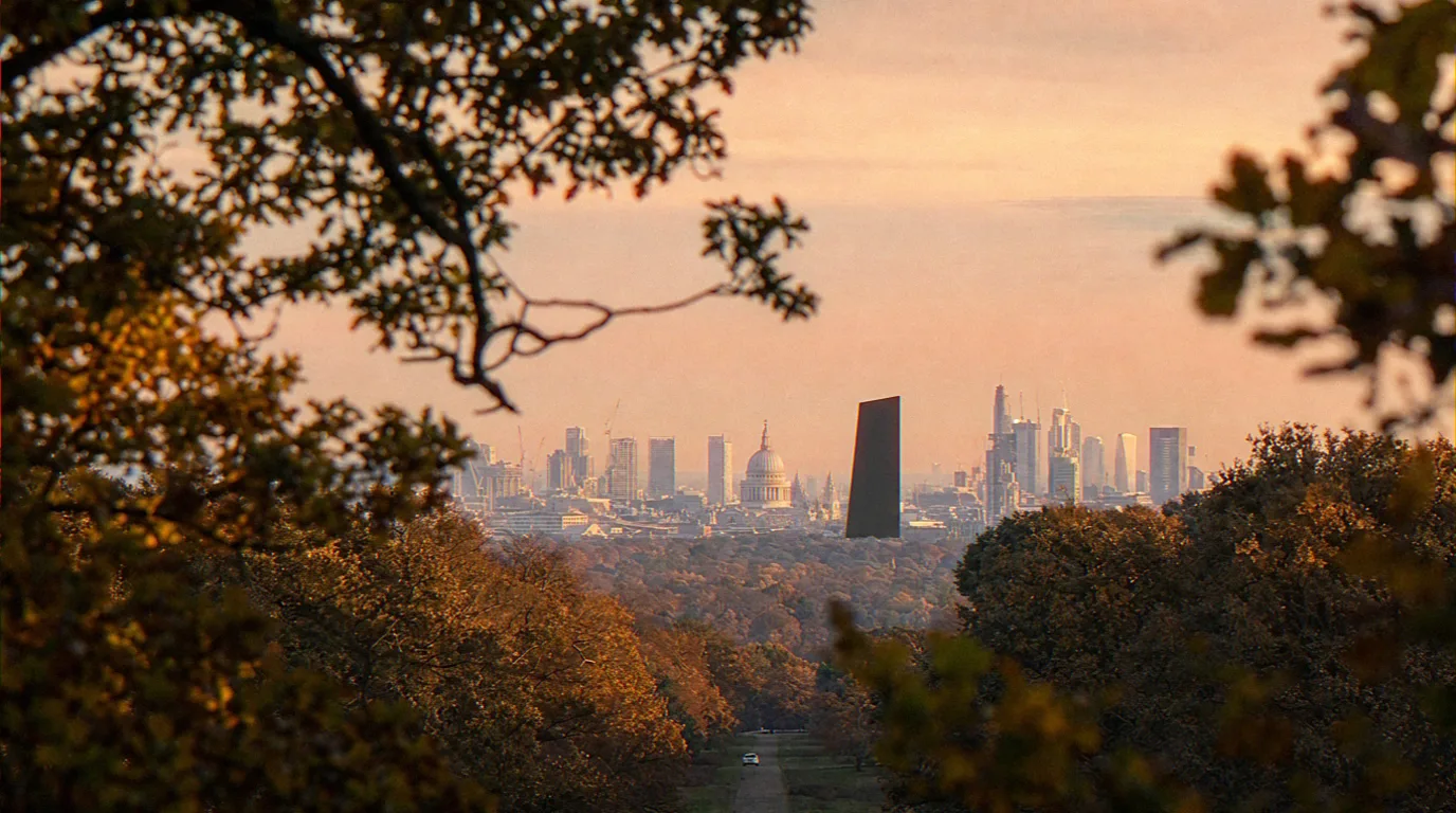AVR Level 1 dark silhouette massing block of the proposed City of London tower seen from King Henry's Mound through the protected sightline to St Paul's Cathedral