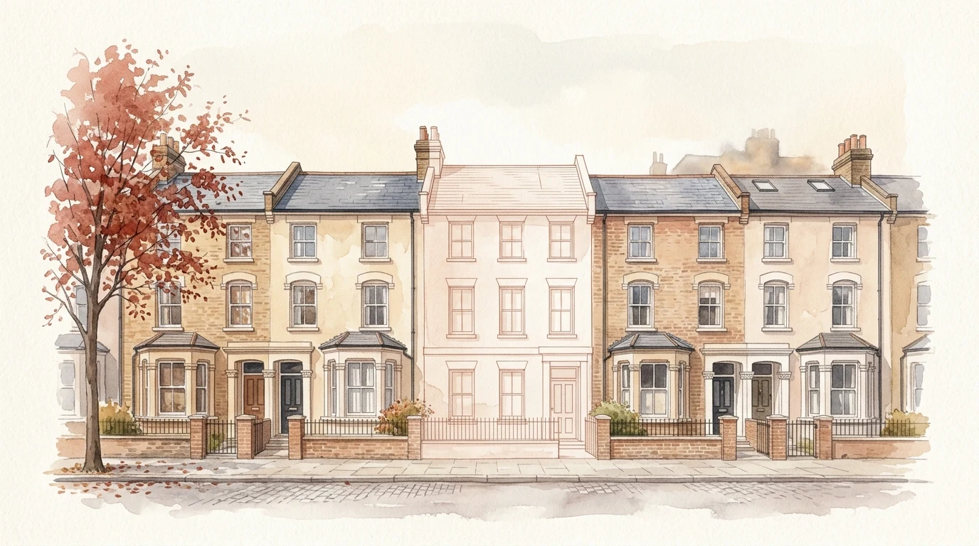 Watercolour illustration of a London terraced street with a proposed new building inserted into the row, representing architectural photomontage
