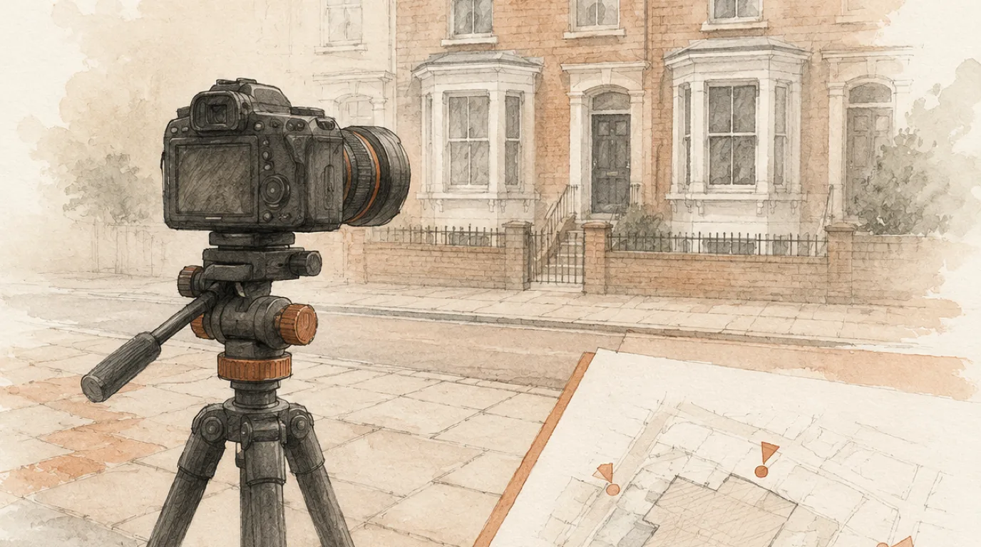 Watercolour illustration of a photographer tripod and a sketched viewpoint location plan on a London pavement, representing townscape visual impact assessment methodology