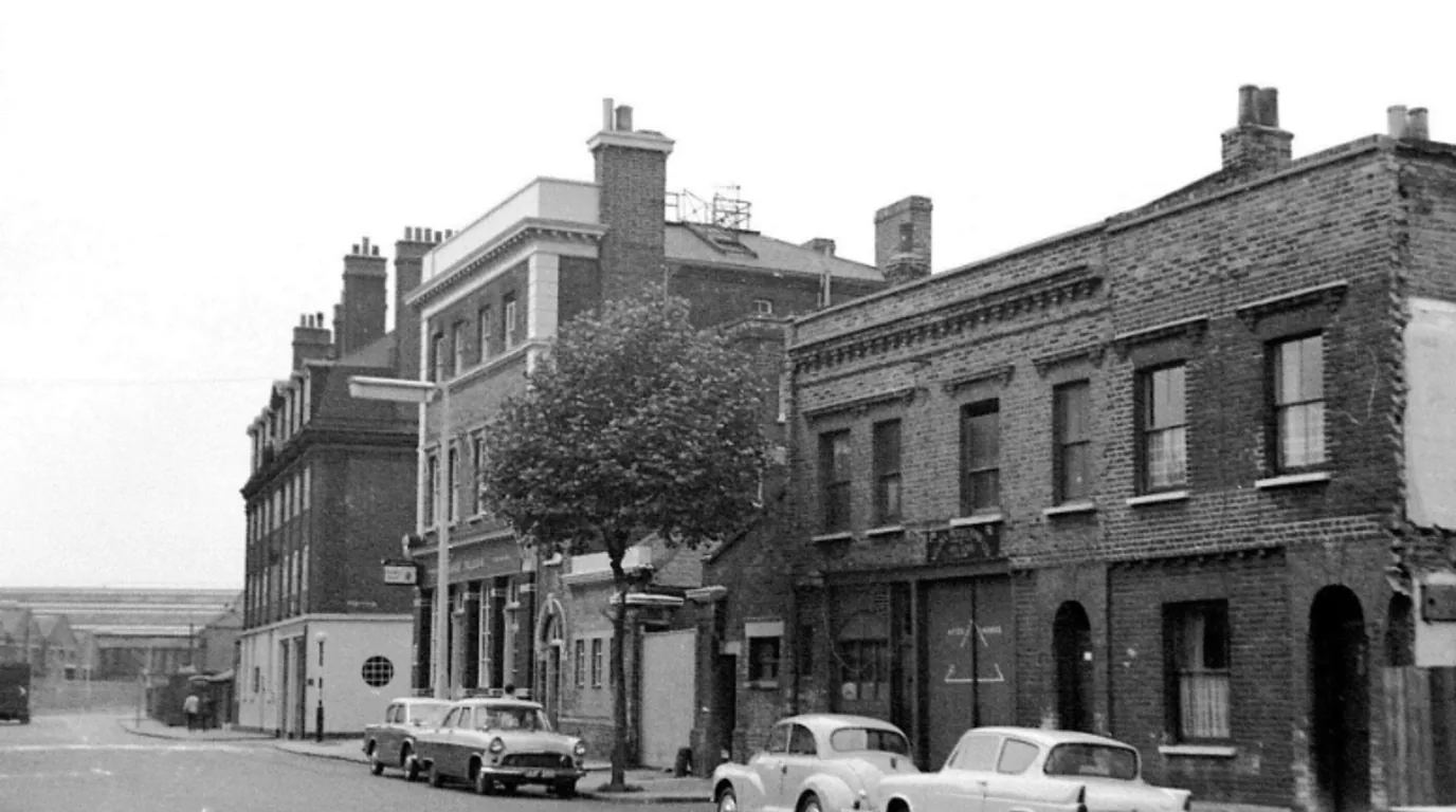 1968 archive reference of a Poplar High Street brick frontage in South Poplar before historical restoration CGI comparison