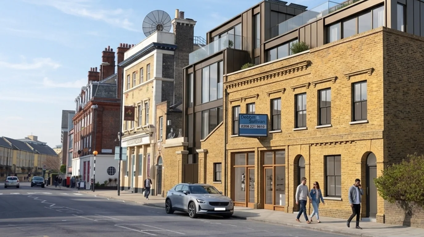 2026 historical restoration CGI concept for Poplar High Street with retained brick frontage, contemporary upper floors and active ground-floor entrances