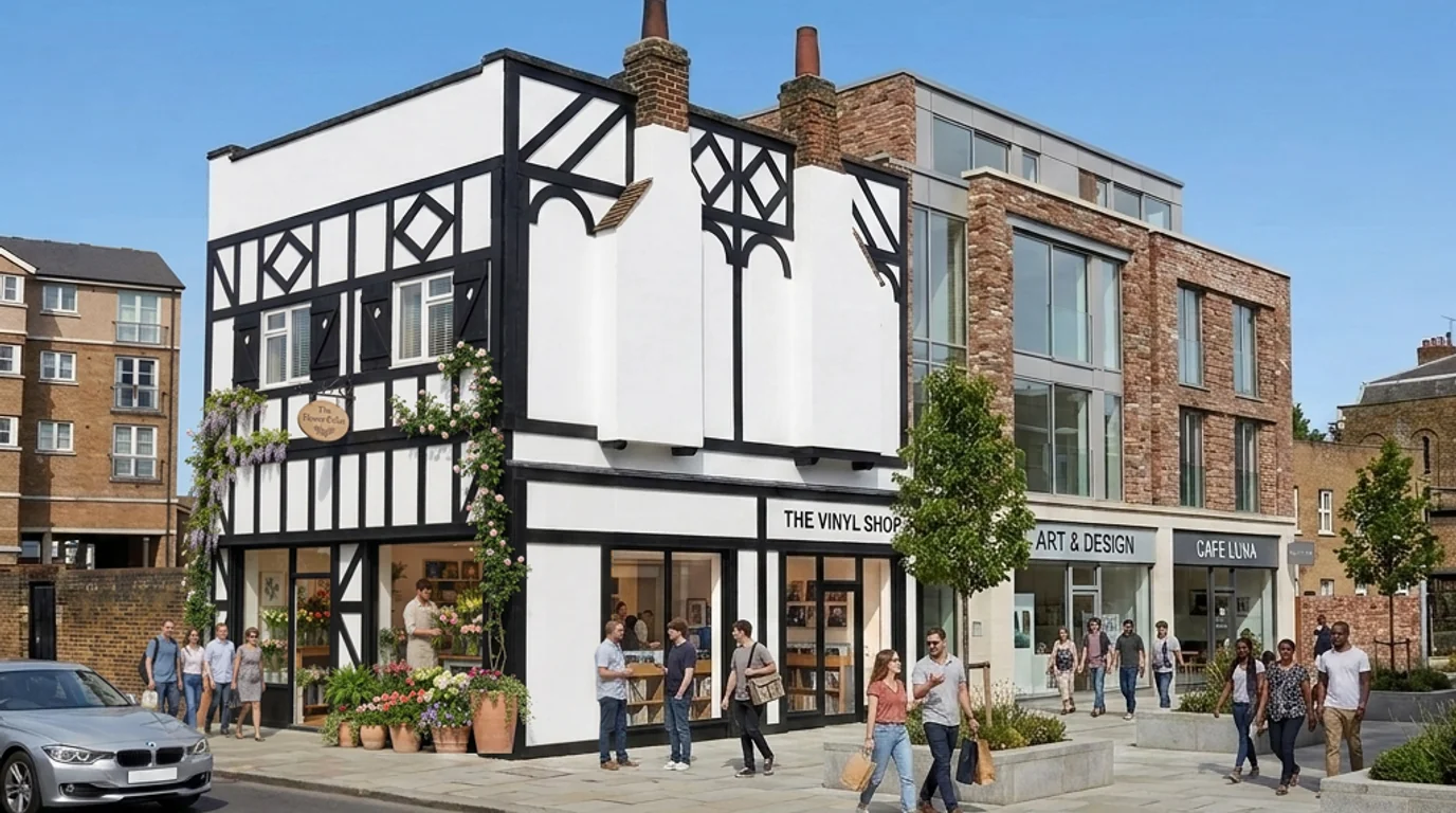 Limestone Poplar building redevelopment concept visualisation with restored Tudor facade, new residential brick extension, and two ground-floor shops