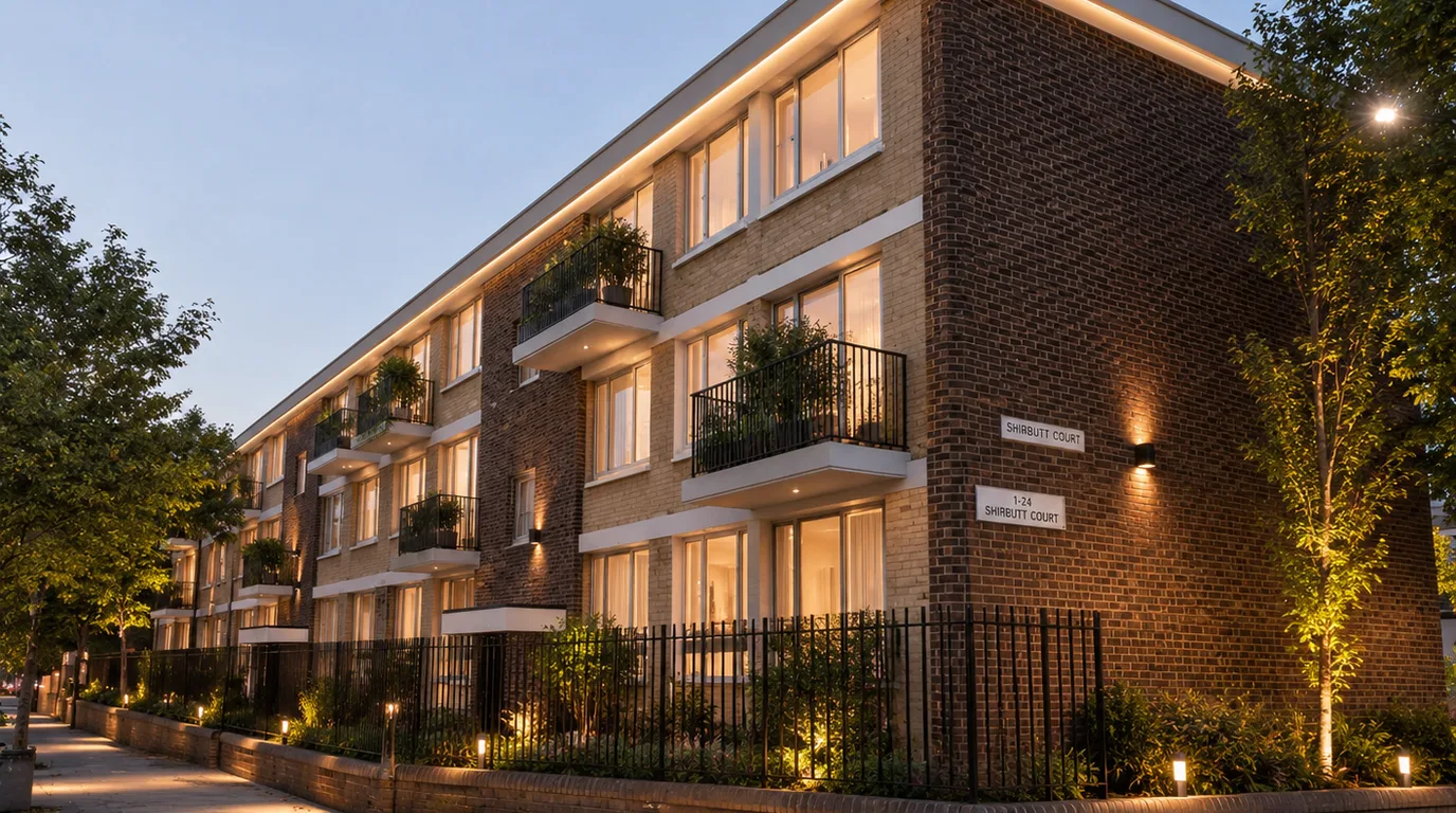 Lubbock House Poplar High Street viability concept visualisation with refreshed brick frontage, balcony planting, evening lighting and public realm improvements