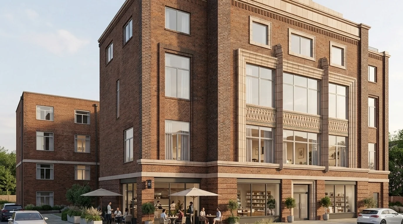 Martindale House Poplar High Street viability concept visualisation with restored brickwork, modern windows, ground-floor café, retail shop, and landscaped courtyard