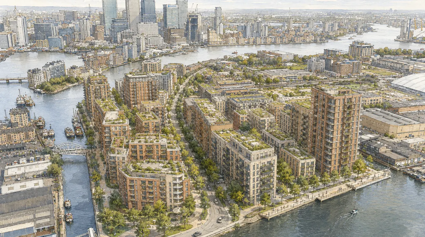 South Poplar and Billingsgate aerial masterplan illustration for a Tower Hamlets regeneration visualisation package