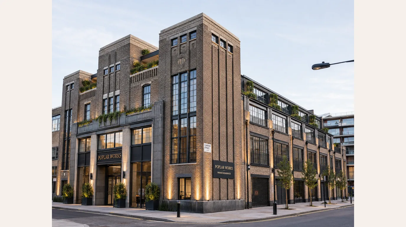 Poplar Public Baths restoration concept for Poplar Works showing repaired brick frontage, lit entrance and planting in South Poplar