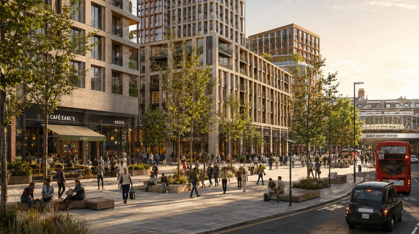 Street-level regeneration visualisation showing public realm, planting and pedestrian activity