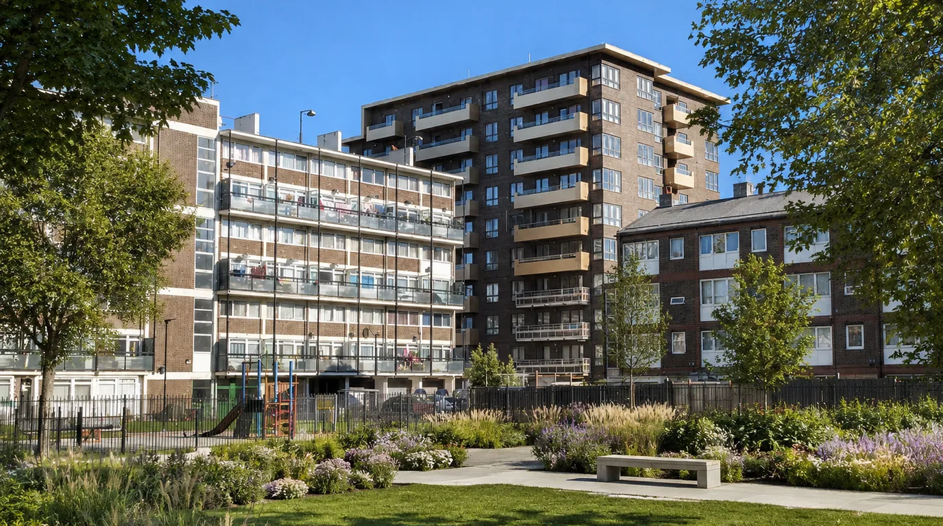 St Matthias Estate landscape regeneration CGI concept with resident planting, paths, seating and public realm improvements on Cottage Street