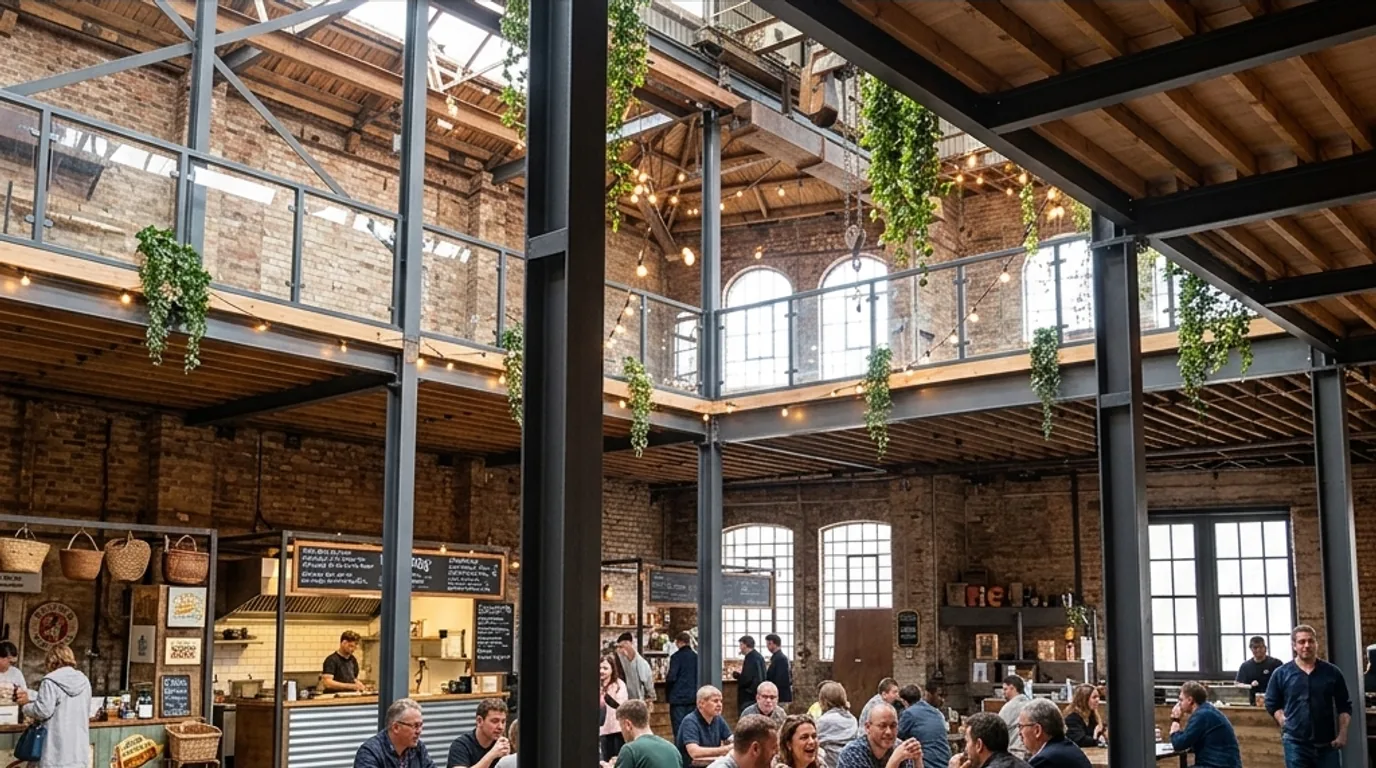 South Poplar warehouse adaptive reuse CGI concept with food counters, shared seating, retained brick and warm lighting
