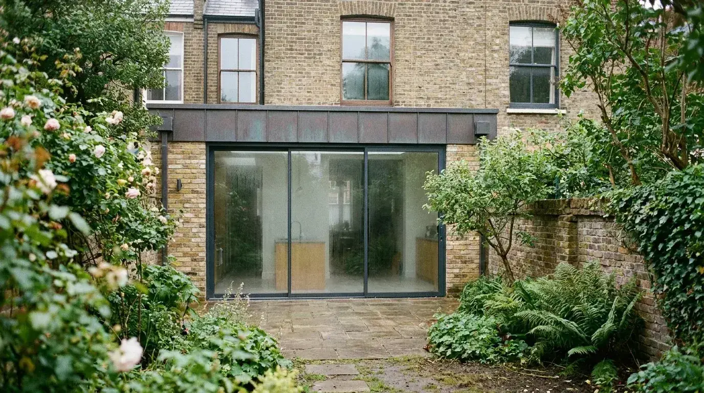 Dulwich conservation-area extension CGI in Southwark with brick garden wall and roofline context