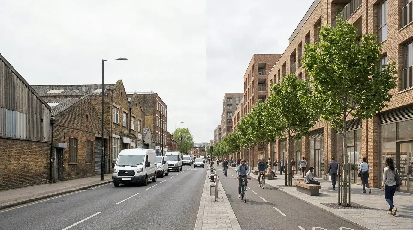 Old Kent Road massing CGI in Southwark with mixed-use blocks, active frontage and public realm