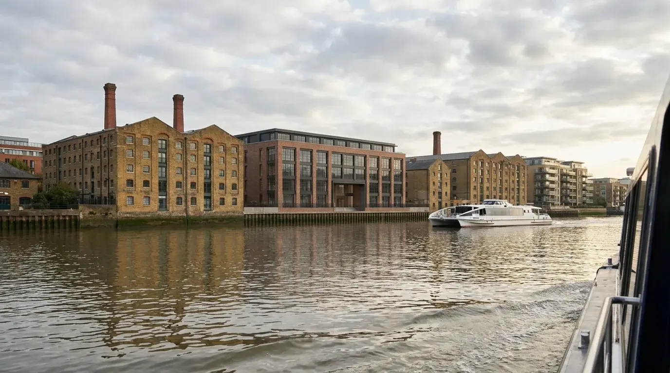 Thames view of Southwark wharf photomontage with Victorian warehouses and stock-brick infill