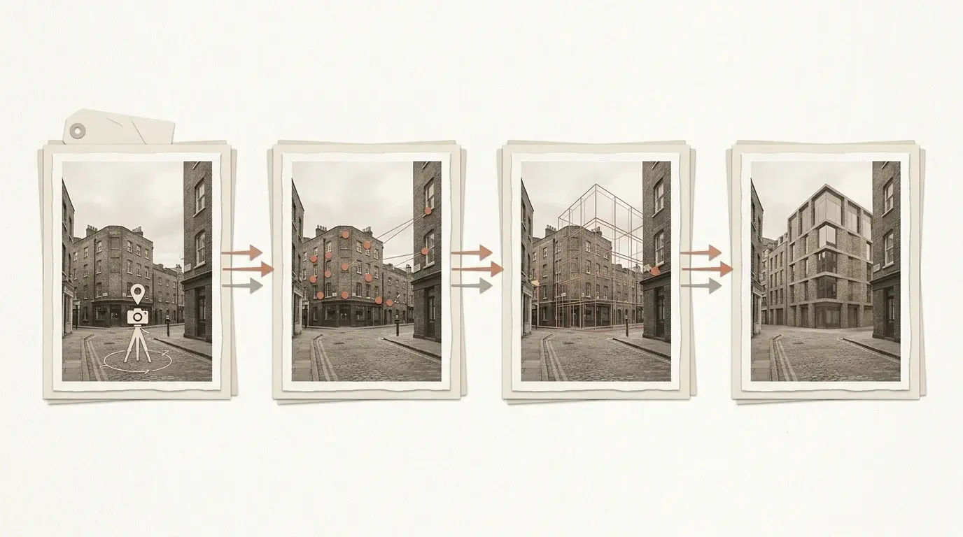 Southwark verified-view process showing camera match and massing overlay