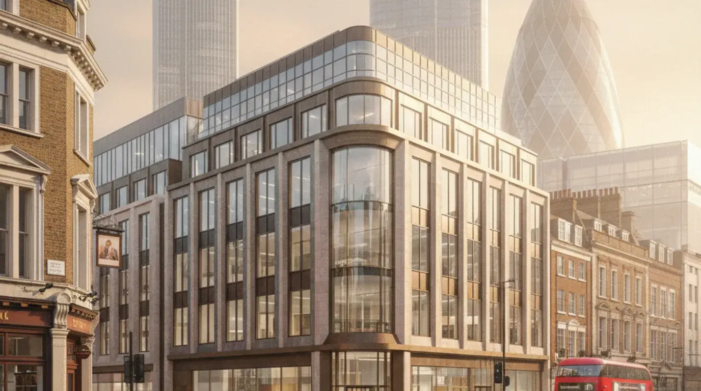 Aldgate and City Fringe commercial retrofit CGI for Tower Hamlets office and hotel frontage with City of London skyline
