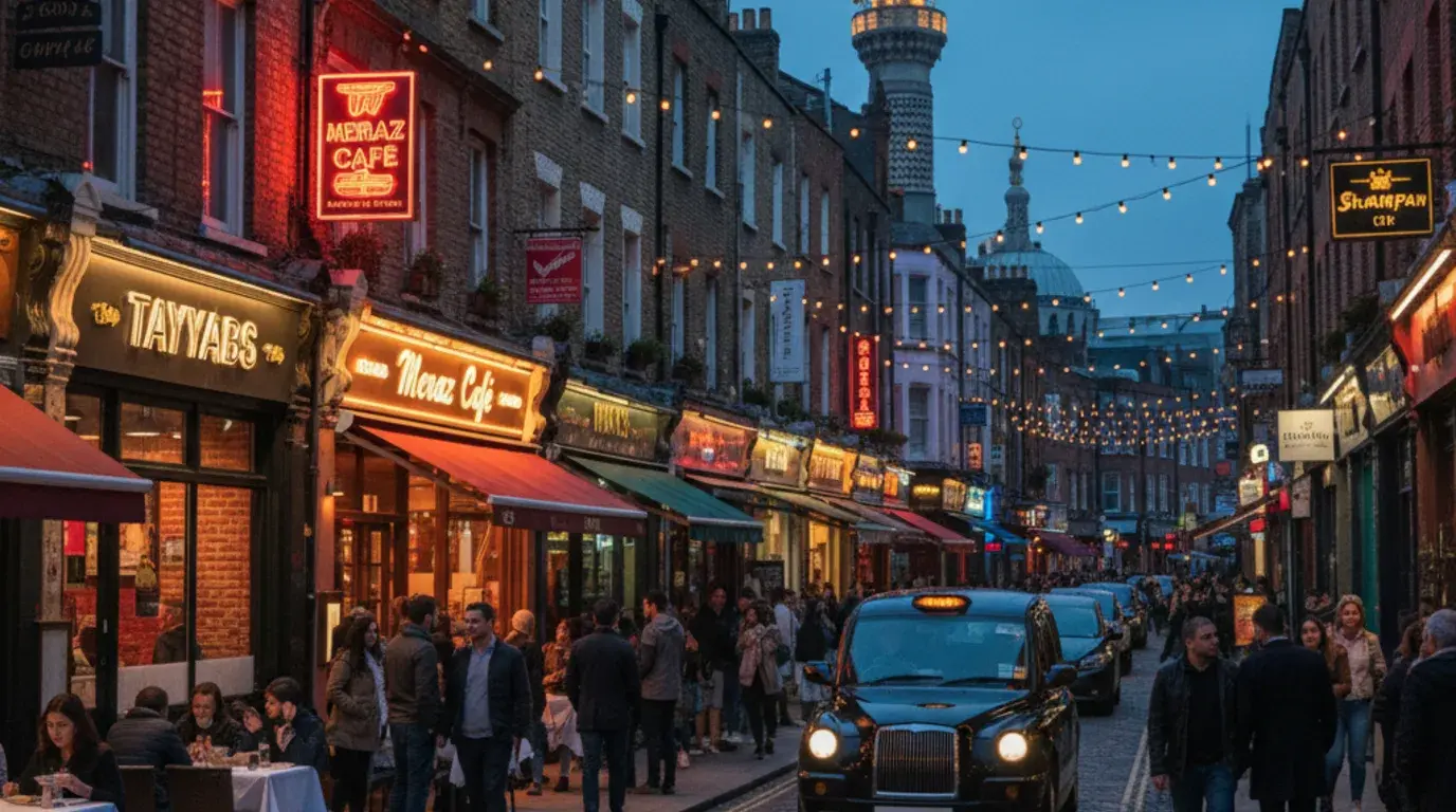Brick Lane evening streetscape CGI in Banglatown, Tower Hamlets