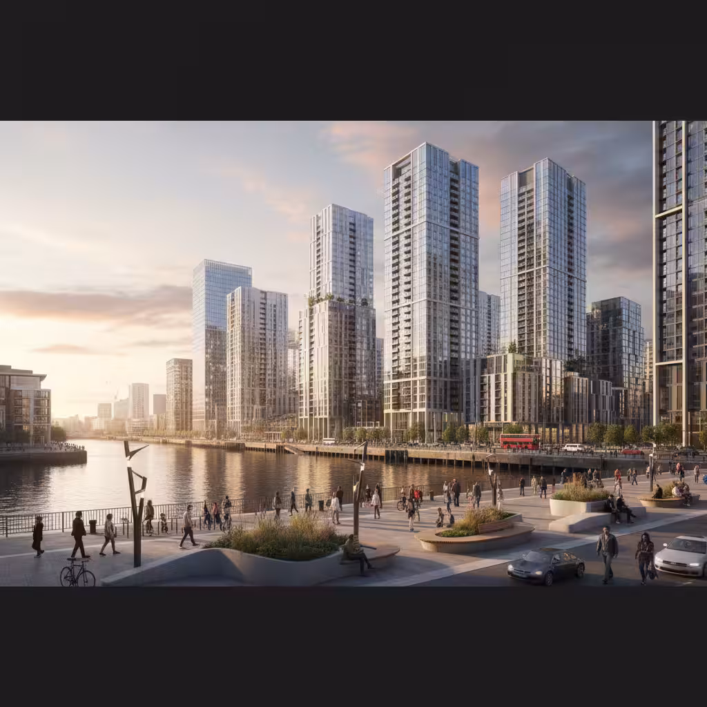 Verified-view photomontage of Canary Wharf from West India Dock for a Tower Hamlets planning submission