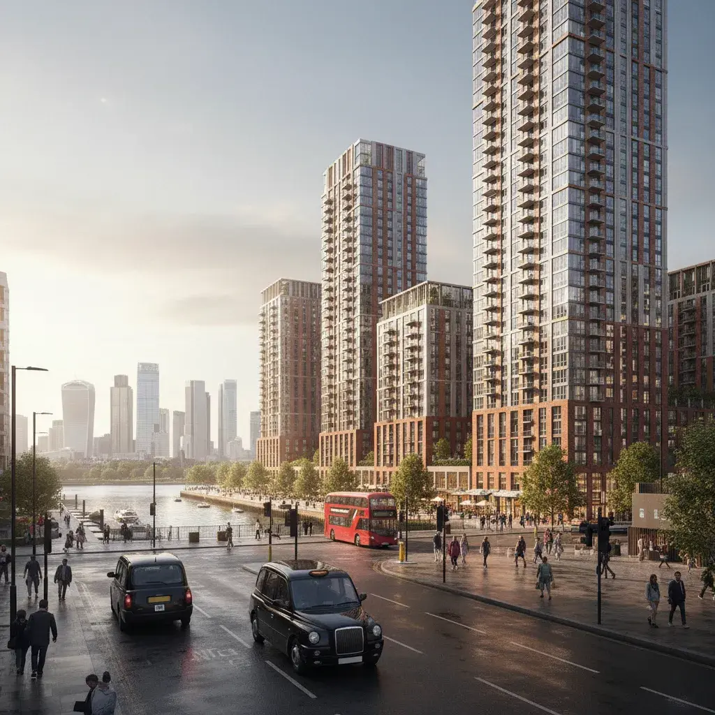 Aerial masterplan CGI for a South Poplar Billingsgate regeneration scheme in Tower Hamlets