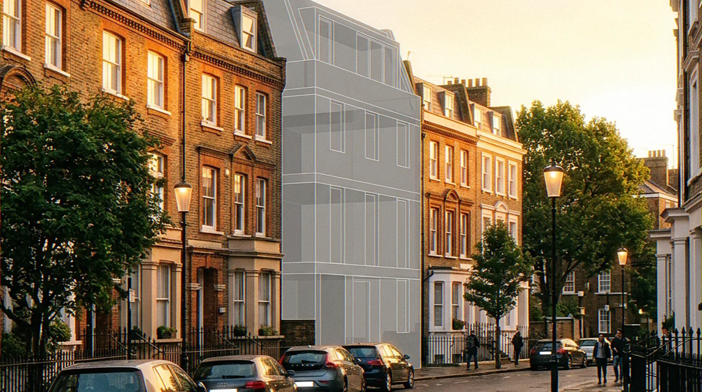 Townscape Visual Appraisal (TVA) AVR Level 1 massing block in Kensington at golden hour