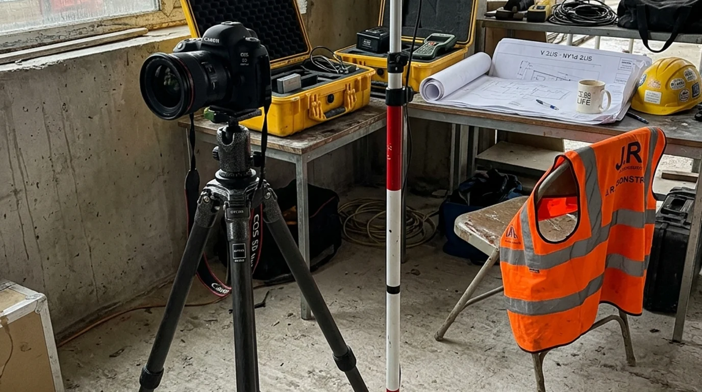 Professional verified views land surveying and photography equipment including a calibrated full-frame DSLR camera with a 50mm prime lens on a professional tripod, and a dual-frequency RTK GPS surveyor receiver pole on-site inside a London building under construction