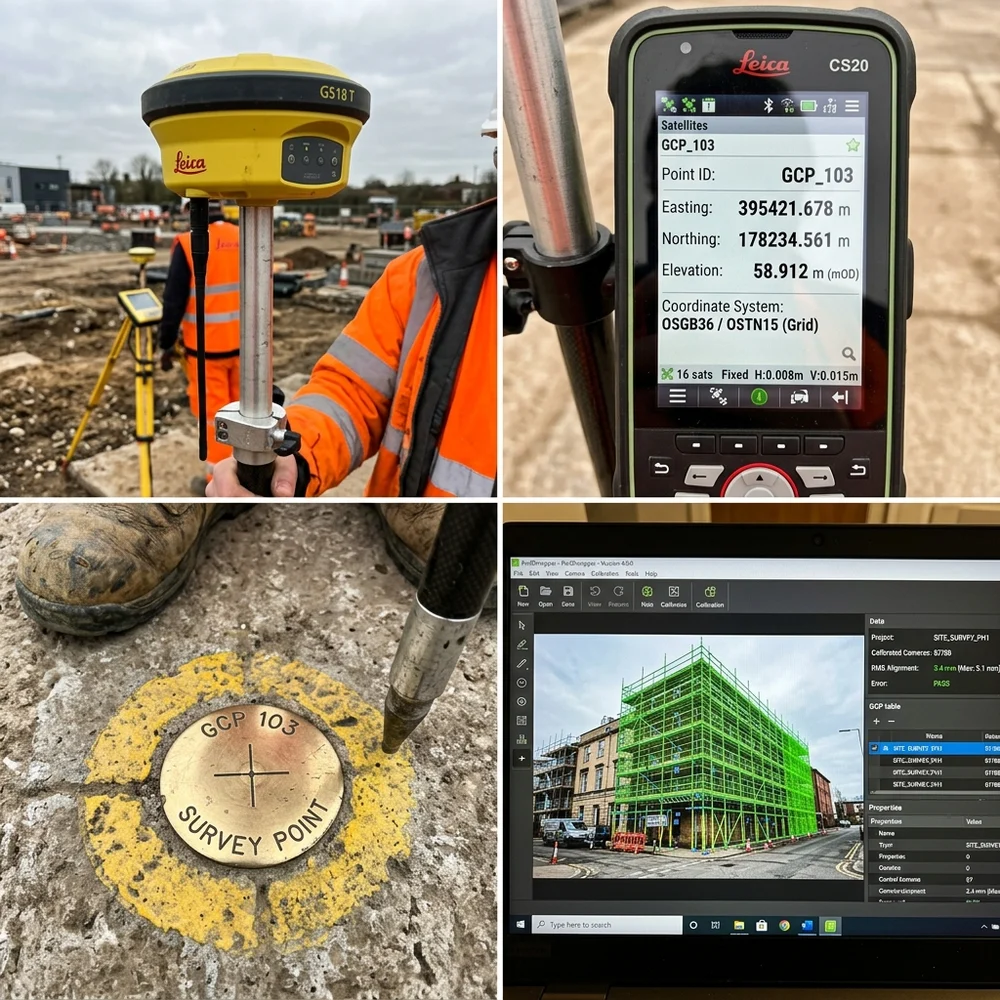 Verified views surveying workflow quad-grid collage showing the RTK receiver dome, rugged field controller coordinates screen, a brass surveyor nail ground control point, and the 3D wireframe camera-matching validation software interface