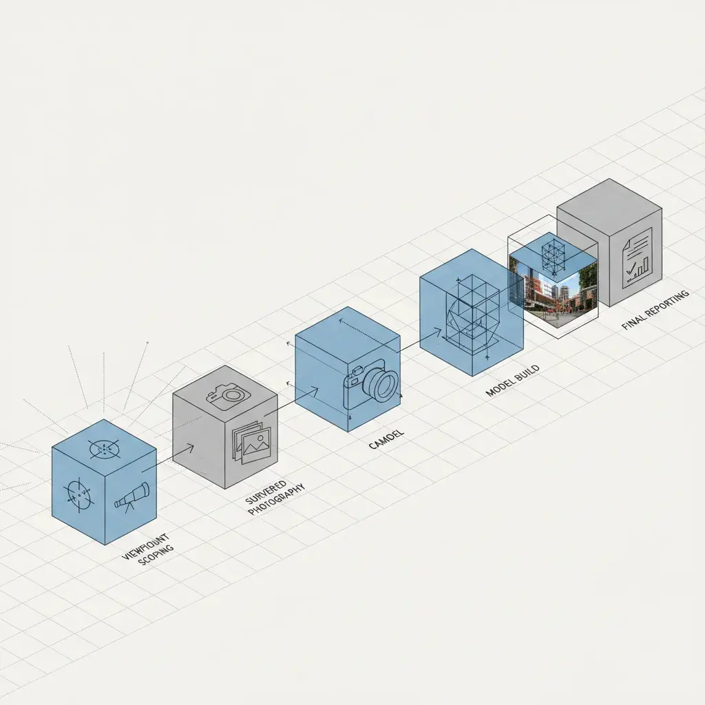 Six-stage isometric diagram tracing the Wandsworth verified-view methodology from viewpoint scoping to final reporting