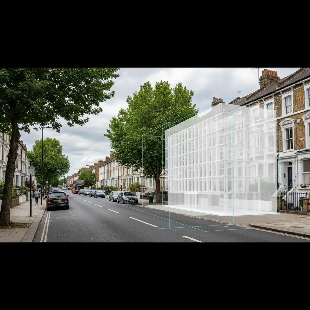Wandsworth photomontage with massing overlay showing a three-storey infill house between Edwardian semis in a Wandsworth conservation area