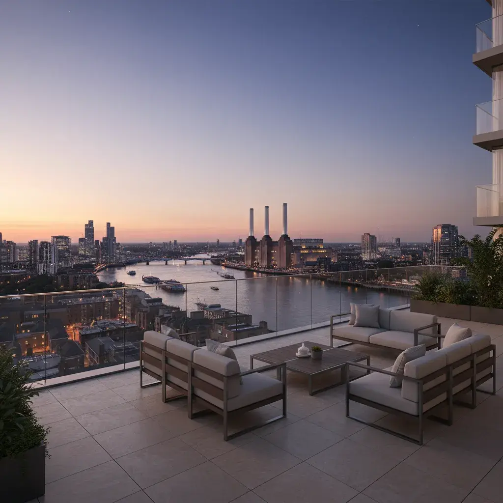 Riverside terrace CGI at a Nine Elms residential tower in Wandsworth