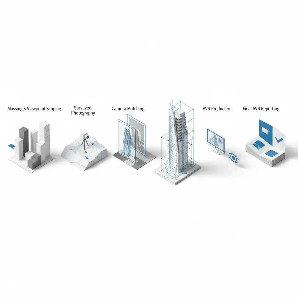 Six-stage isometric workflow diagram for a Nine Elms verified-view commission in Wandsworth
