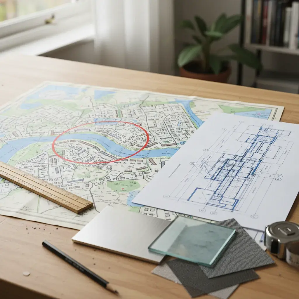 Architectural drawings and project material samples on a desk