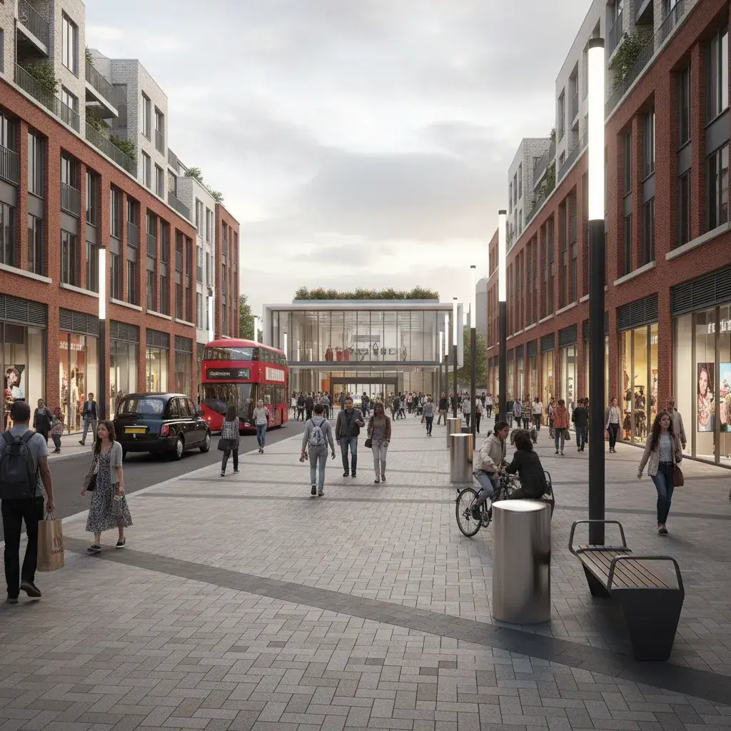 Wandsworth Town station-edge public realm CGI with high-quality paving and active frontage