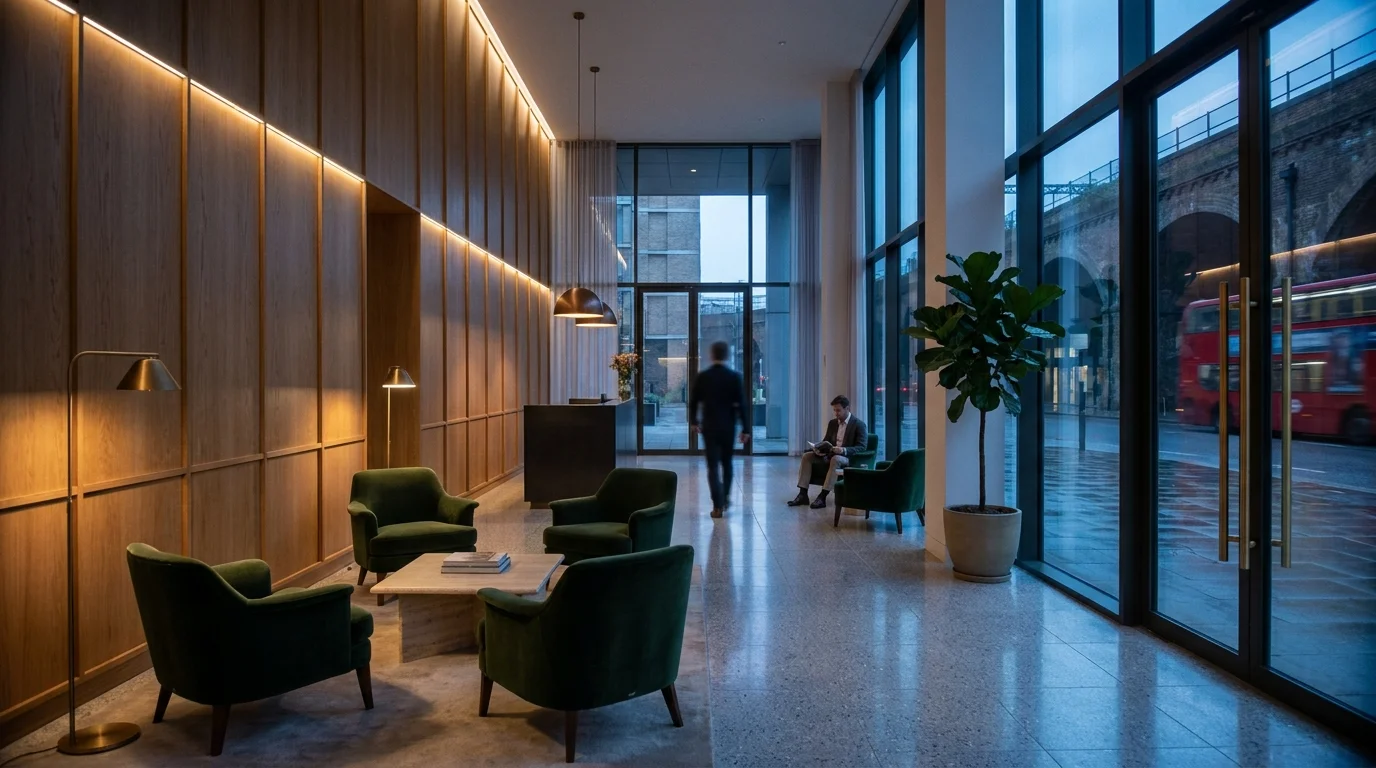 Interior walkthrough still from a 3D animation of a residential amenity reception in Waterloo, central London: warm oak lobby with concierge desk, evening interior lighting