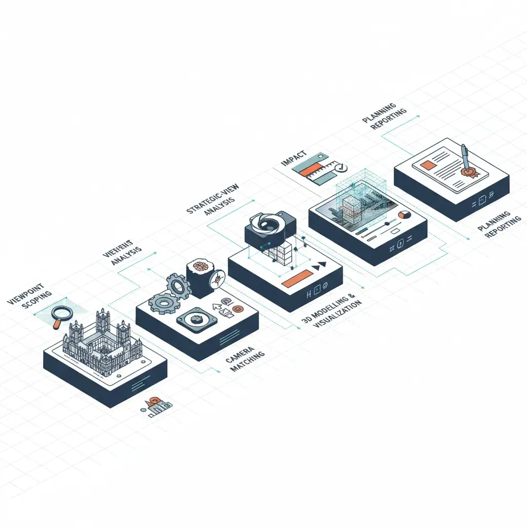 Six-stage isometric diagram tracing the Westminster verified-view methodology from viewpoint scoping to final reporting