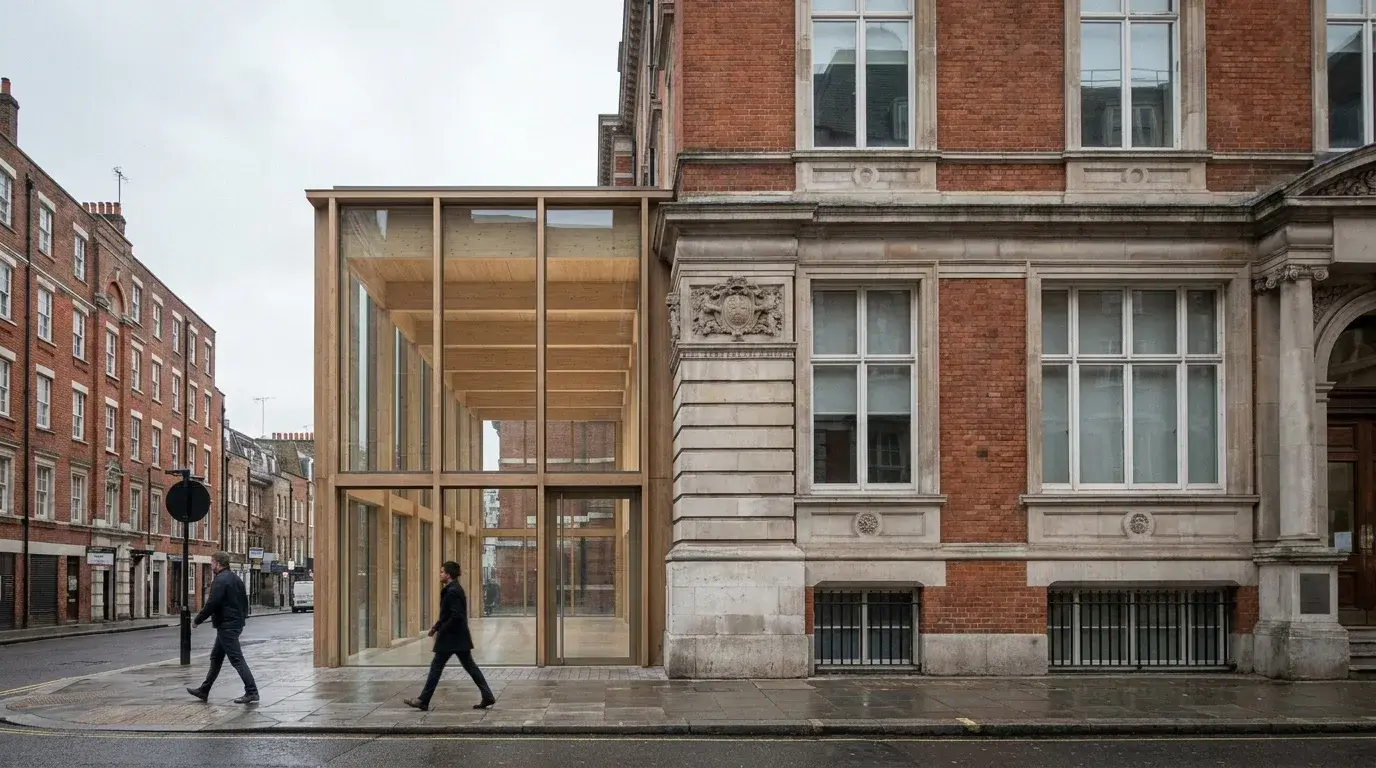 Photomontage CGI of a contemporary civic extension integrated with a Westminster listed-building facade