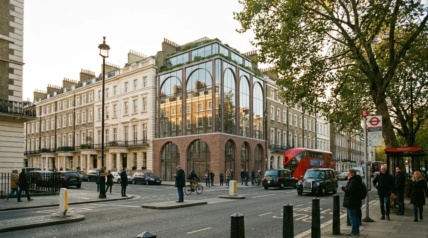 Photorealistic CGI of a Westminster conservation-area streetscape with planning-grade material detail