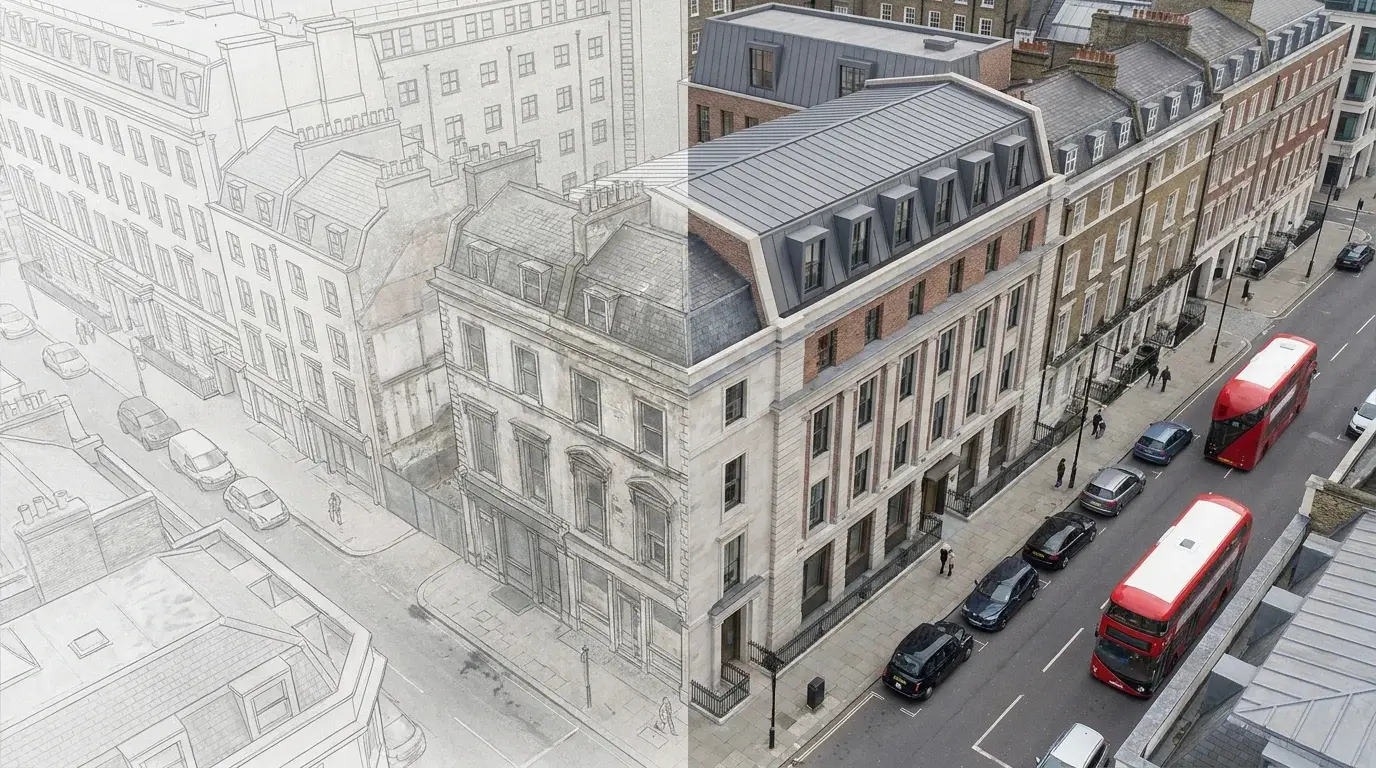 Drone-style before and after photomontage for a Westminster City Council planning submission, showing existing building context and proposed redevelopment.