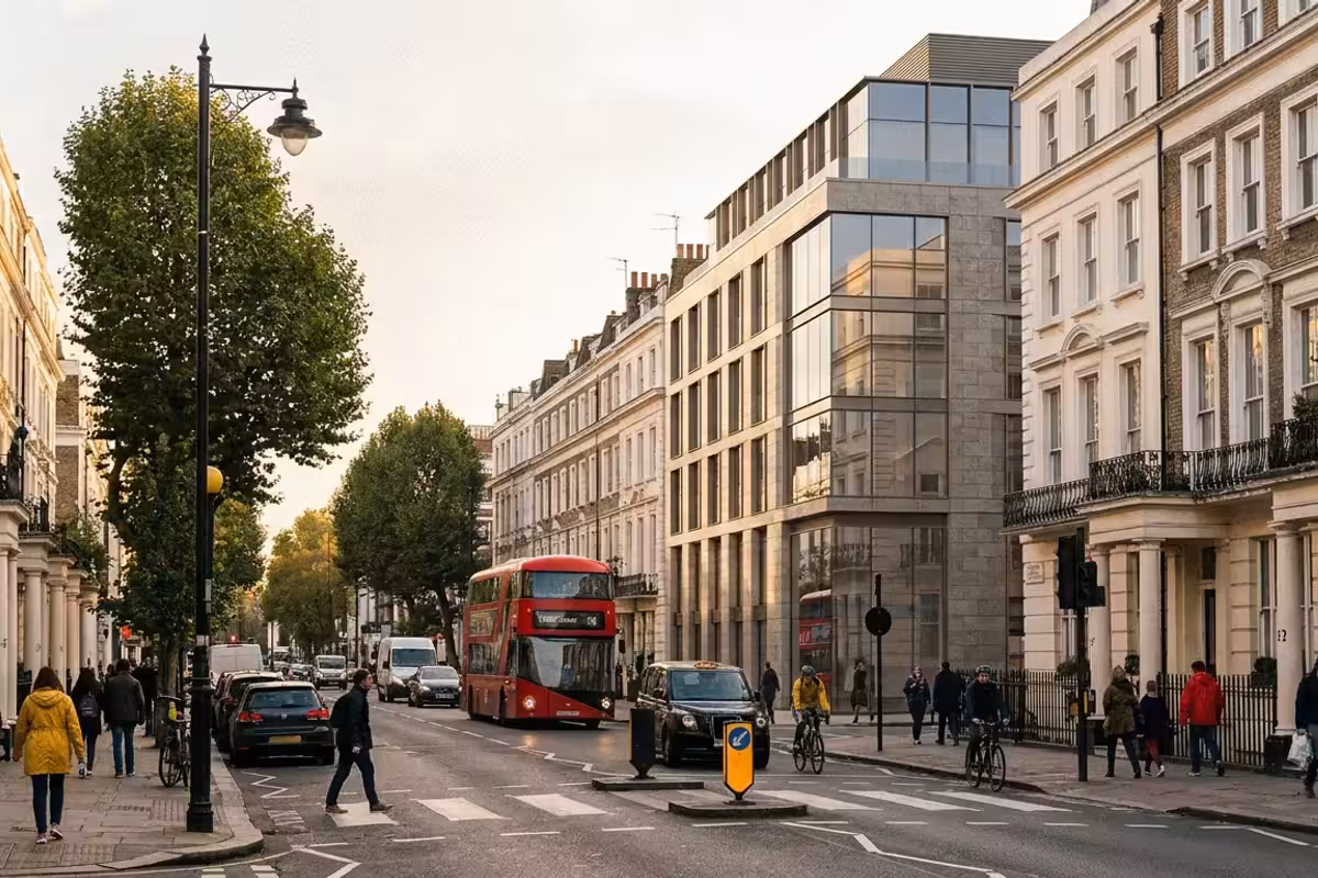 Westminster conservation-area streetscape architectural CGI with planning-grade detail
