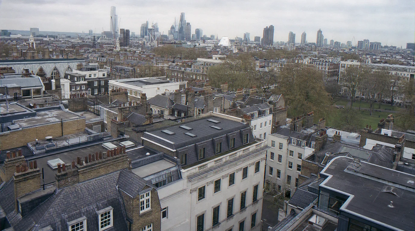 Aerial verified view of a Westminster scheme set against the conservation-area townscape