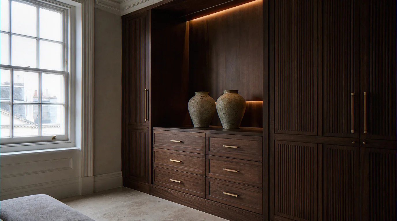 Close-up rendering of bespoke joinery detail showing material, finish and sightline before fabrication