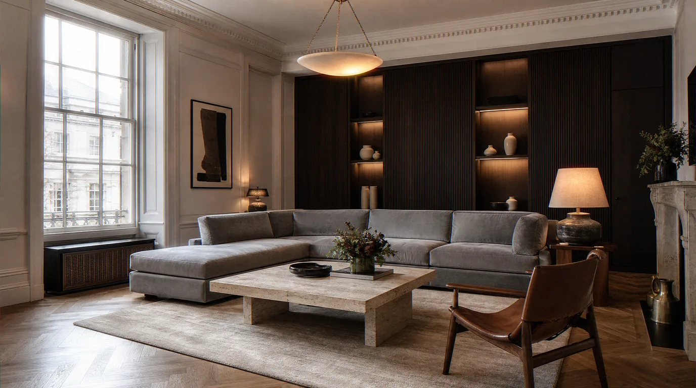 Render example: Mayfair penthouse reception built entirely from the architect's model and lit in scene, no site photograph as a base