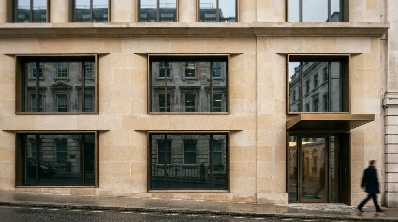 Westminster office retrofit facade material study showing stone and bronze junctions